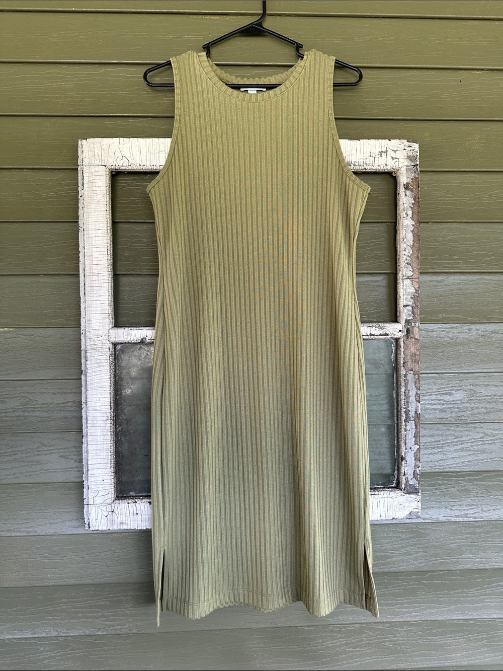 Nine West Olive Green Ribbed Sleeveless Midi Dress